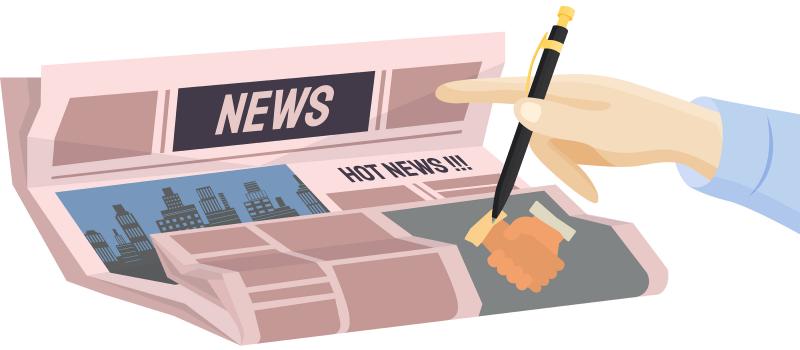 paper newspaper vector with hot news headline and drawing of a hand pointing to an article