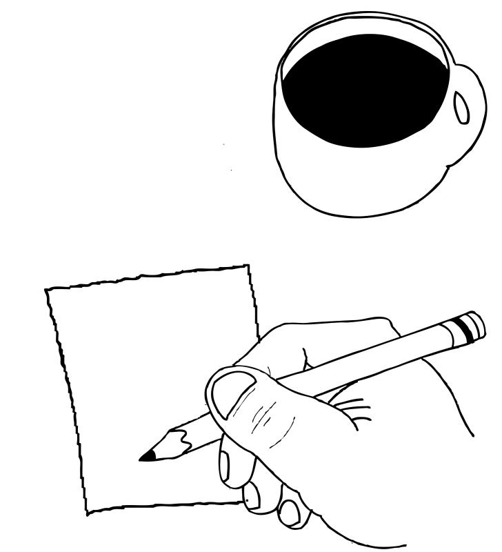 writing clipart showing line drawing of a hand, paper and cup of coffee