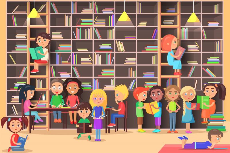 illustration of children in front of large library book shelves