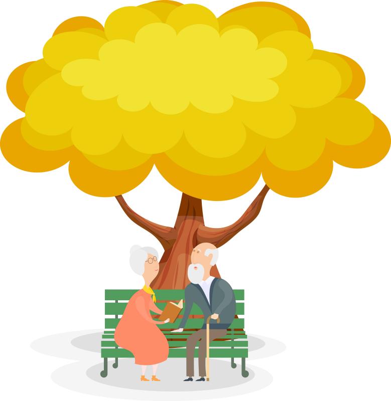 illustration of an elderly couple sitting on a green bench under a yellow autumnal tree