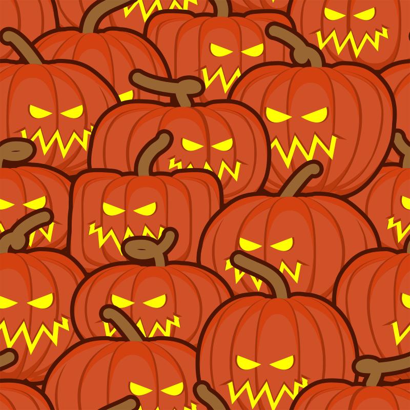 seamless pattern of orange jack-o-lanterns of various sizes; all with glowing yellow eyes