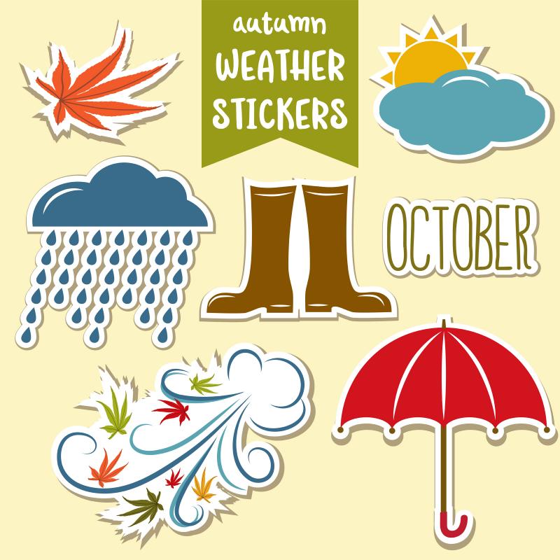 vector set of fall-themed weather stickers that include an umbrella, rainy cloud, wind graphic and boots