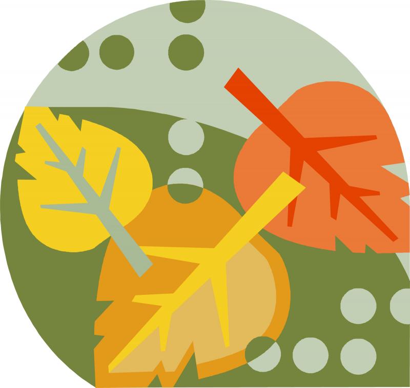 vector illustration of three fall leaves in yellow, orange, and red set against a two-toned green background