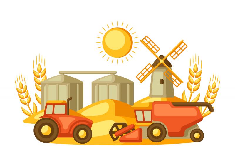 autumn illustration that shows tractor and wheat on a rural farm