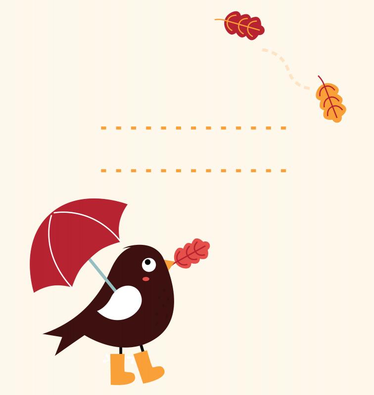 autumn greeting card with bird wearing boots and carrying an umbrella while leaves fall 