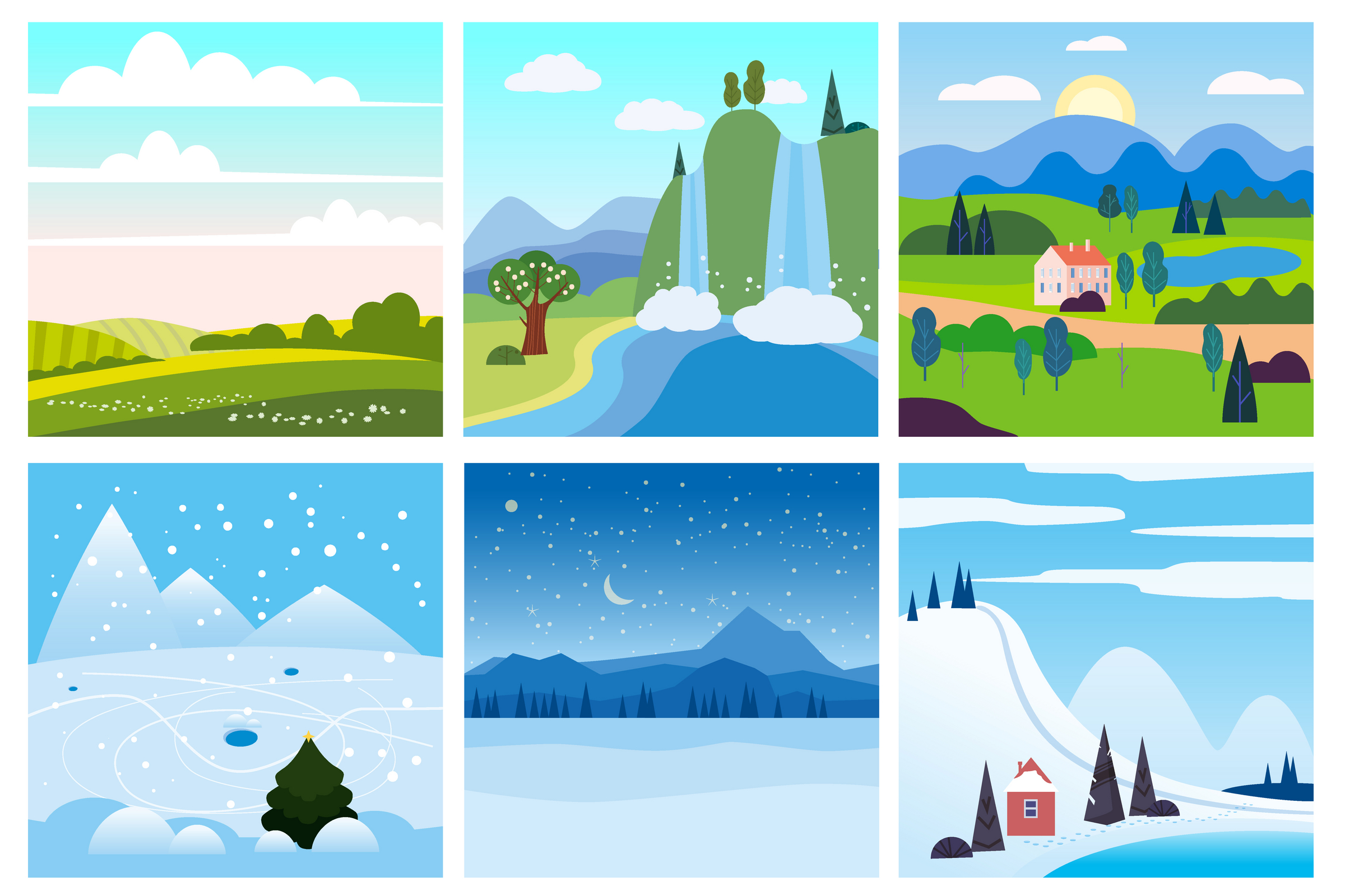 Calendar set landscape winter, summer in flat minimal simple style