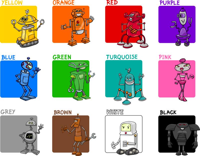 a color chart with yellow, orange, red, purple, blue, green, turquoise, pink, grey, brown, white, and black squares along with illustrations of robots.