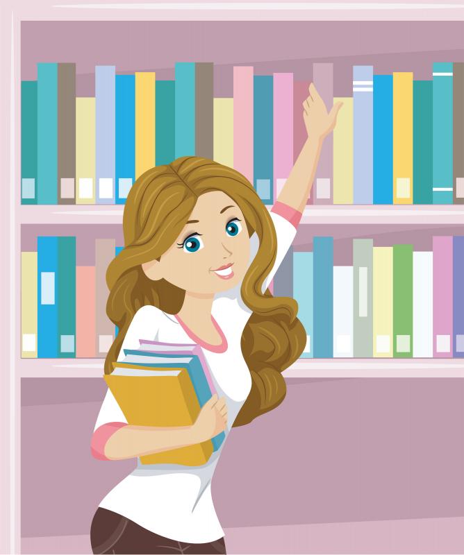 illustration of a teen girl searching for a book on a tall bookshelf