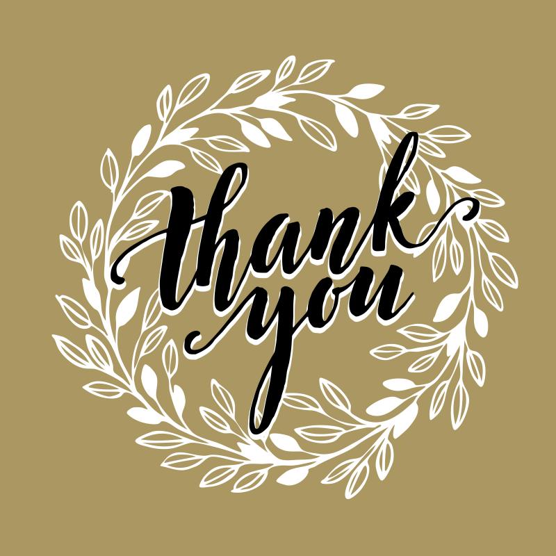 golden lettering design with white-leaf wreath and black cursive letters that spell out thank you