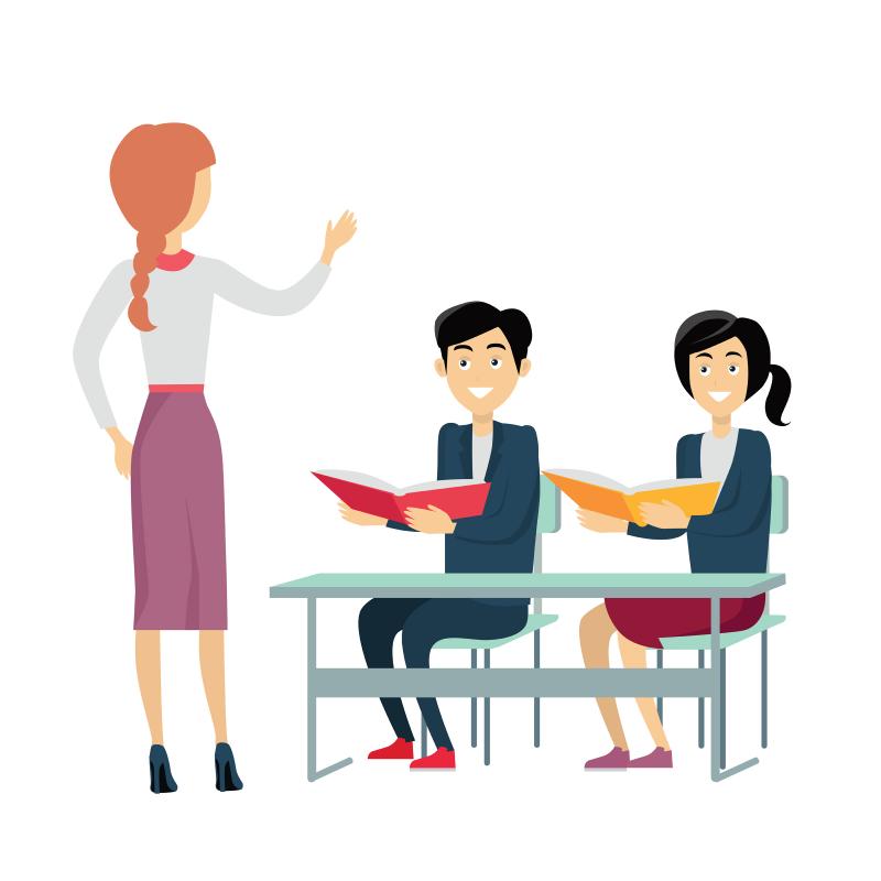 clipart illustration of a teacher with red hair instructing two students who are seated at desk and holding books