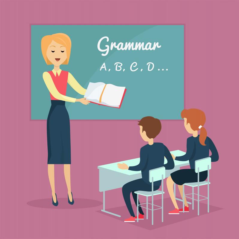 a vector illustration of a teacher instructing students on English grammar set against a pink background