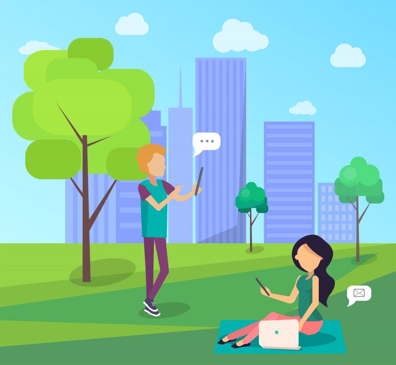 illustration of two young people enjoying a city park while communicating on their phones