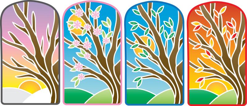 set of four stain glass window vector drawings showing a tree during different seasons