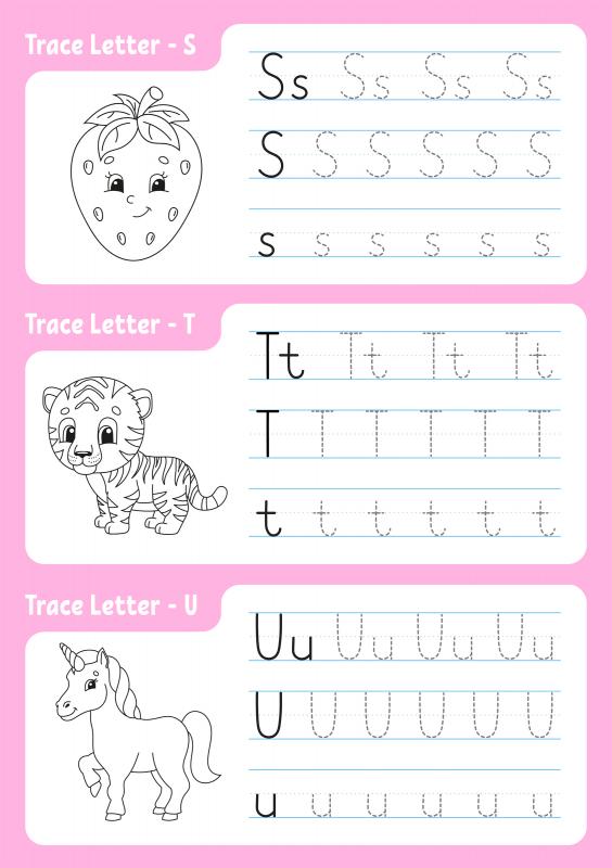 printable tracing sheet showing the letters s, t, and u along with cartoon illustrations of a strawberry, tiger, and unicorn