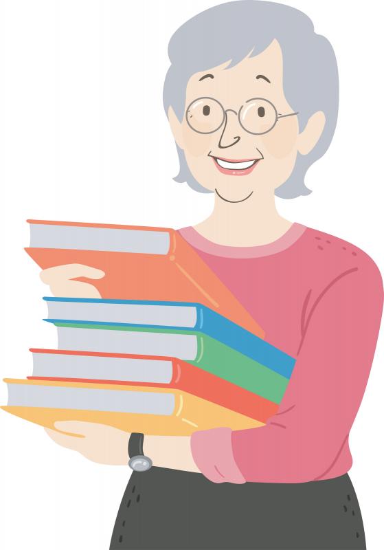 a vector of a smiling elderly librarian holding a stack of colorful books