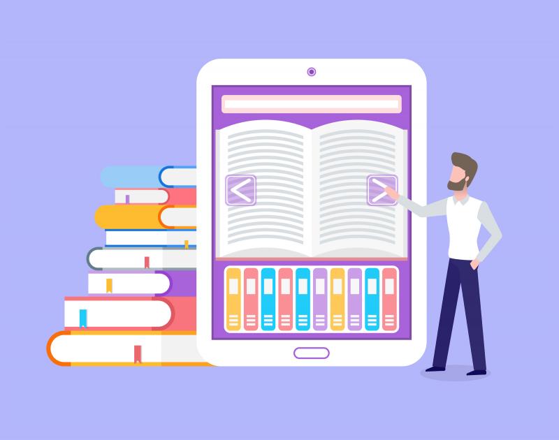 an instructor points to a giant tablet with ebooks, set against a stack of books on a purple background 