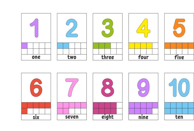 flashcards with numbers 1-10 and colorful squares indicating the amount