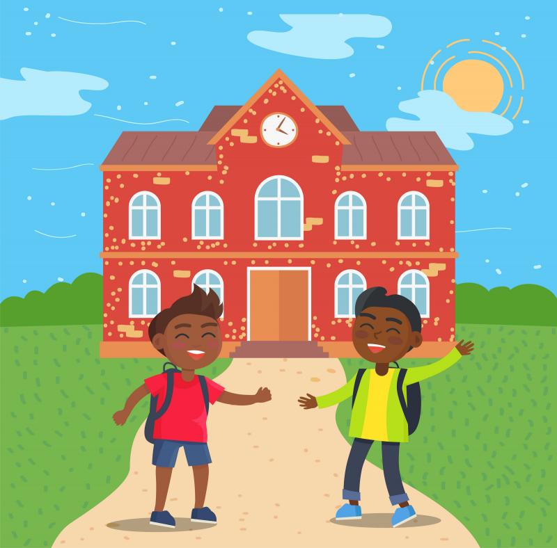 illustration of two African American students standing in front of a red brick school building on a sunny day