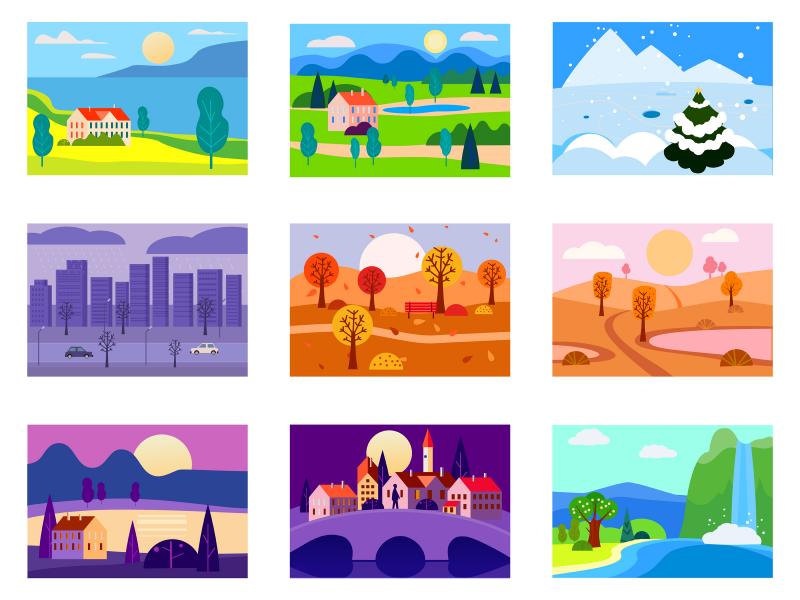 collection of vector illustrated landscapes showing different seasons