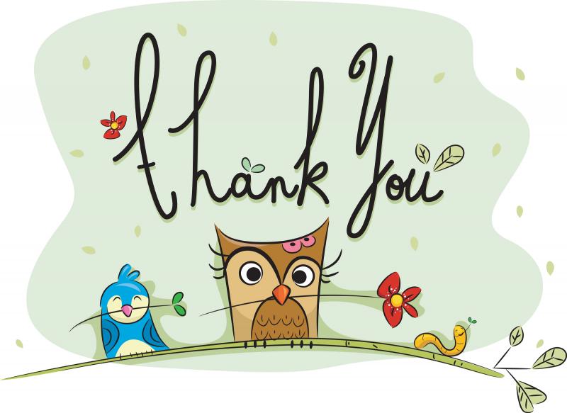 thank you written above an illustration of an owl and a bluebird on a branch