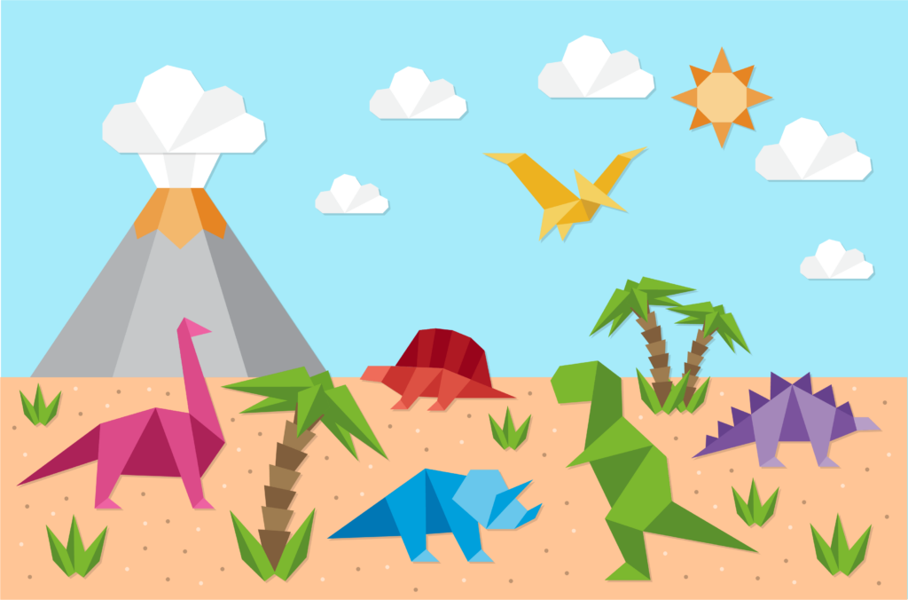 paper art scene showing polygonal dinosaurs near a mountain