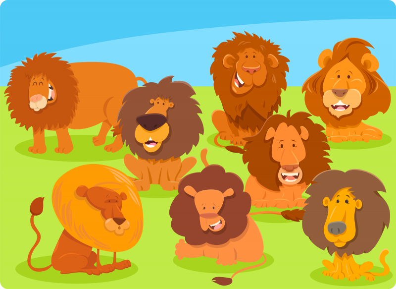 illustration of a pride of male lions on a grassy plain