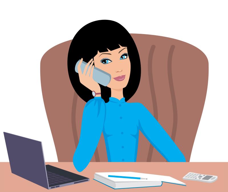 a cartoon illustration of a woman in a blue shirt talking on the phone