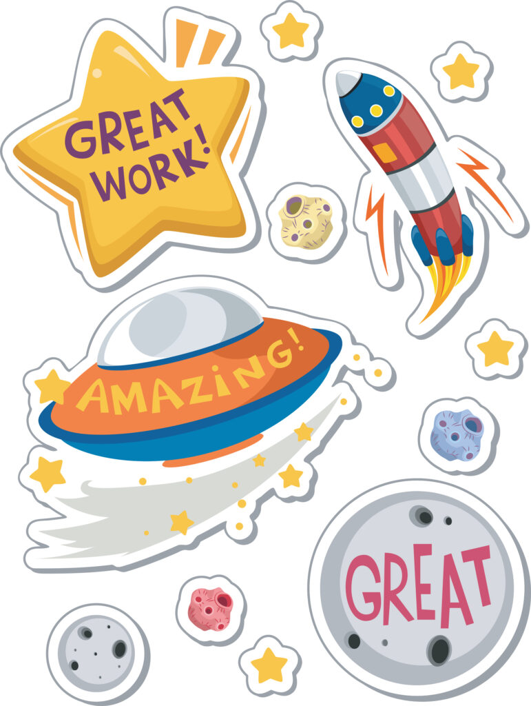 illustrations of printable achievement stickers that are space themed