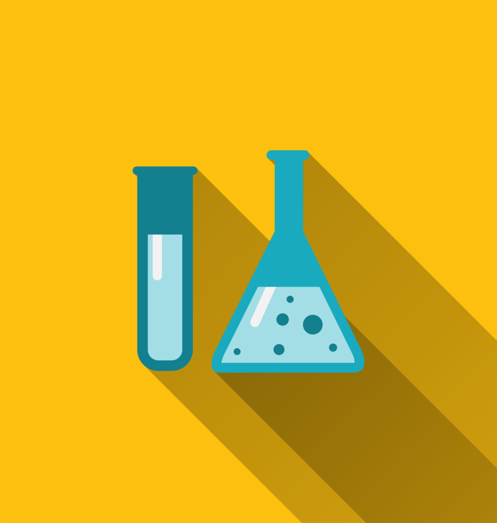 illustrated icons of a chemical test tube and scientific flask with shadows, set against a yellow background