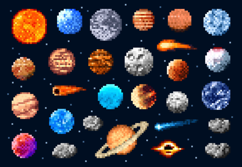 
Pixel space planets and stars, asteroids and comets. Universe galaxy satellite and meteorite retro 8bit game icons. Vector retro astronomy objects in space, pixel art fantasy and solar system planets