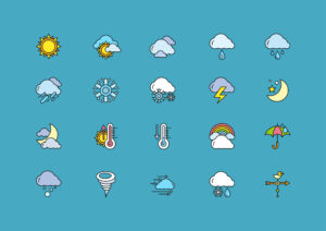 Set of colorful weather thin, lines, outline, strokes icons. Symbols weather snow, rainbow, rain, heat, sunny, cloudy, wind on dark-blue background.