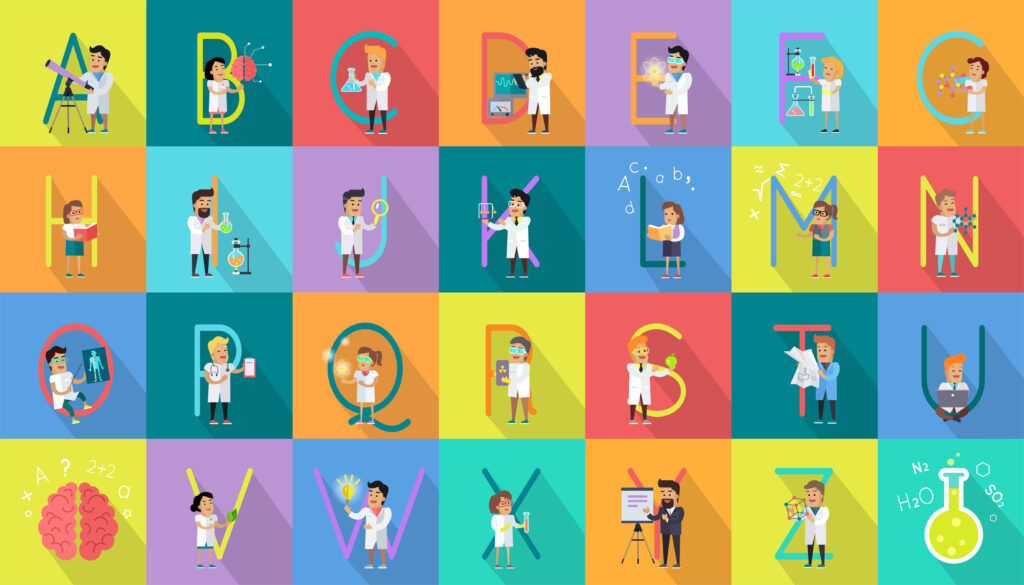 ABC vector with scientists at work. 