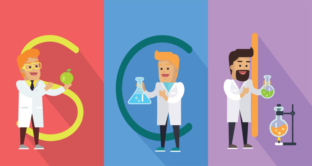  illustrations of three scientists standing in front of the letters S,C,I. 