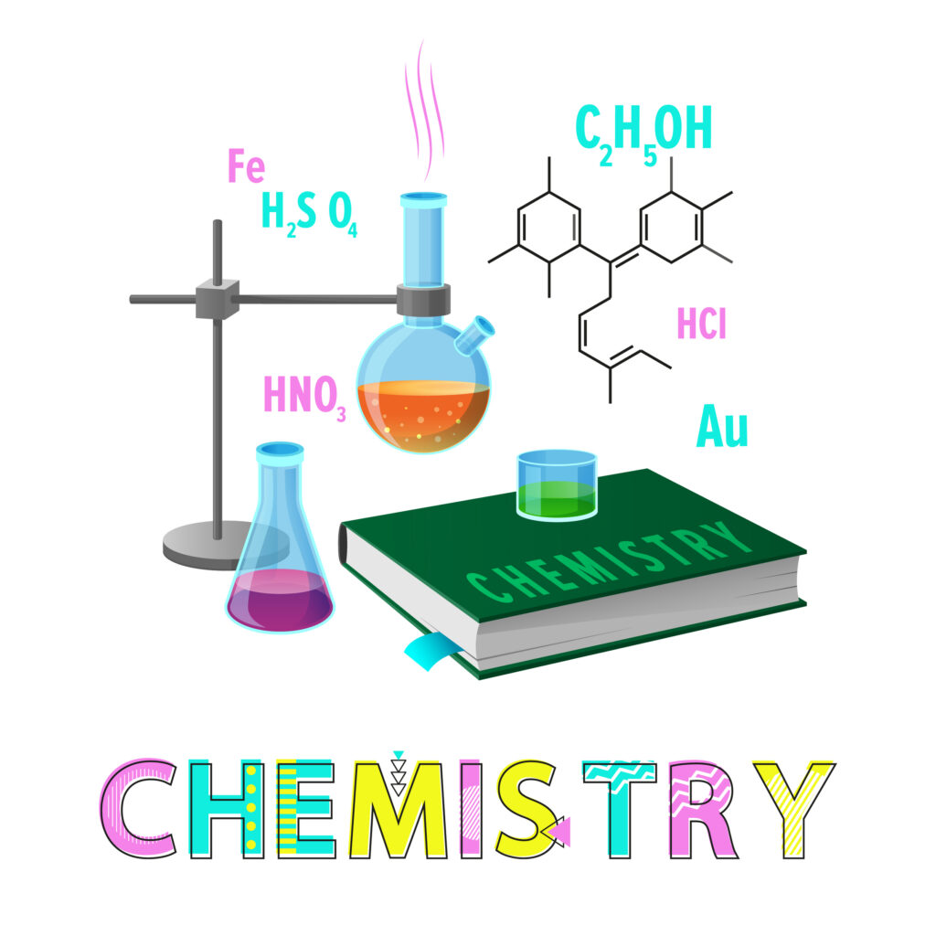 Chemistry items subject poster with headline. Glassware containing chemical substances liquids. Book about molecular studies vector illustration