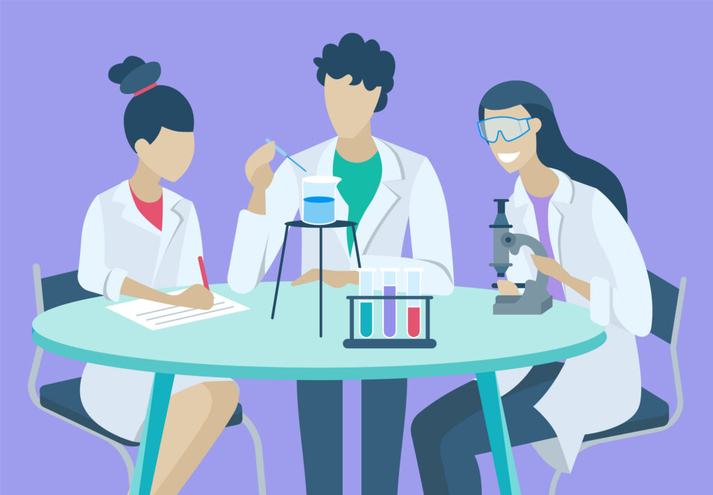 three scientists sitting at a green table, wearing white lab coats, and experimenting with various scientific instruments