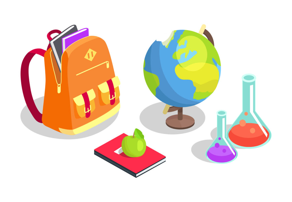 vector drawing with backpack, text books, globe, and two scientistic flasks.