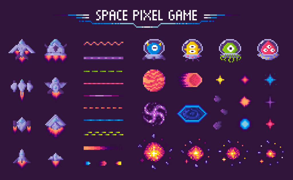 Space pixel game vector, isolated icons of 8 bit graphics, lines and planets, meteors with aliens and monsters, decorative elements of gaming process, pixelated cosmic object for mobile app games