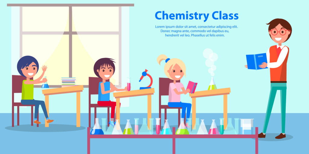 vector illustration of science teacher talking to his three students