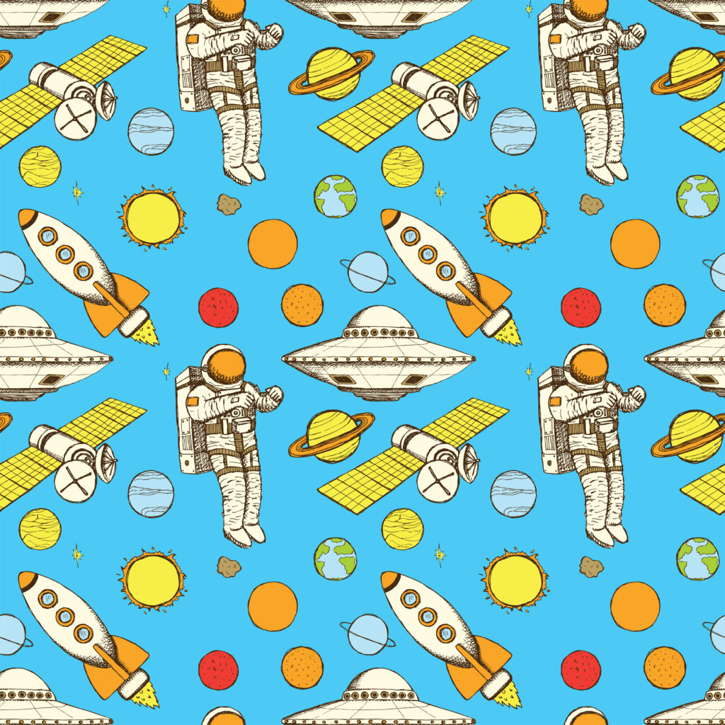 Sketch space in vintage style, vector seamless pattern