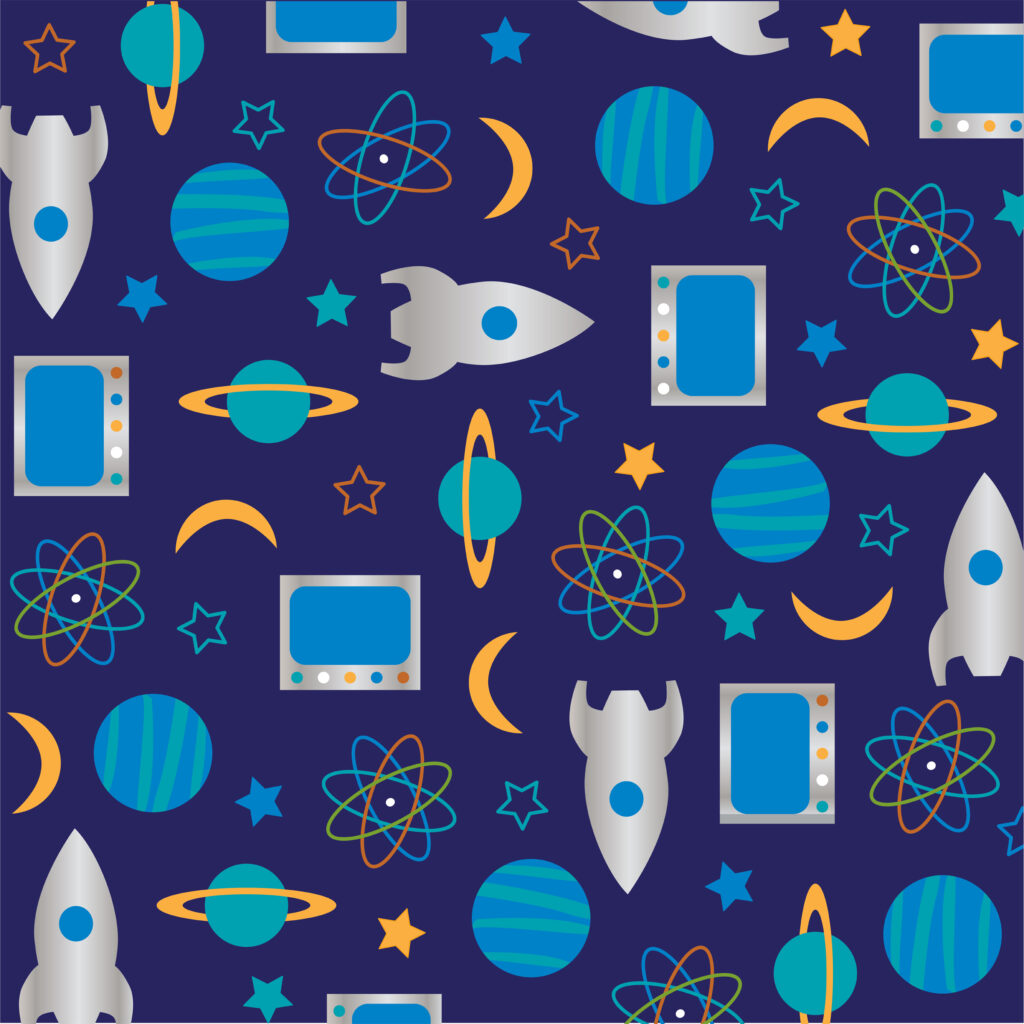 seamless pattern background with space themed icons, planets, rockets