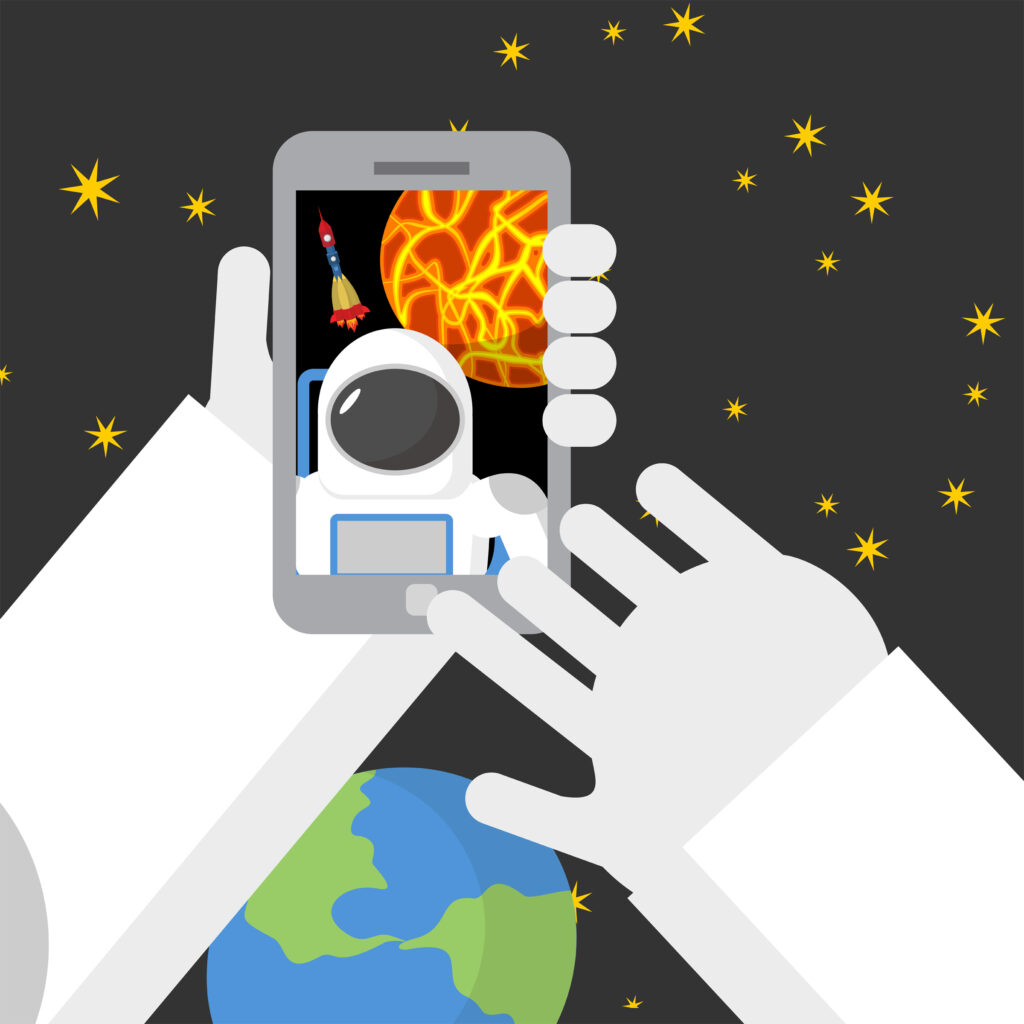 vector illustration of an astronaut taking a selfie in space.