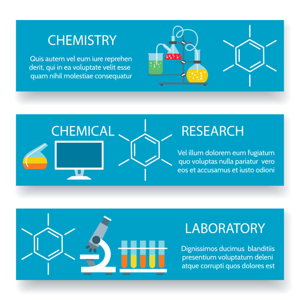 Chemistry lab banners. Vector science experiment backgrounds with scientific laboratory equipmen