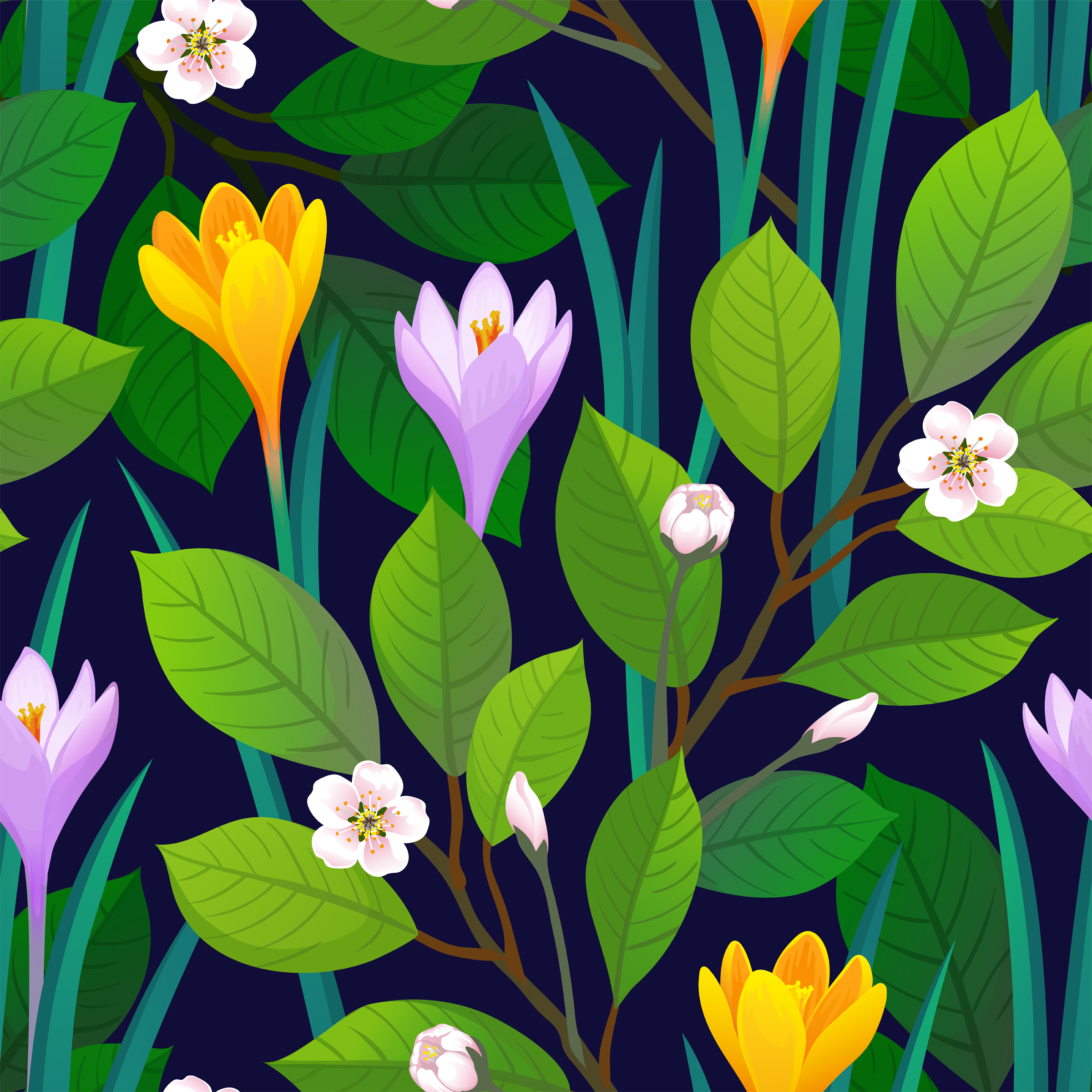 Floral seamless pattern with crocuses and cherry blossom