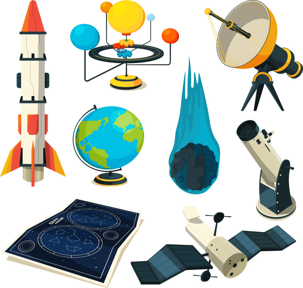 Astronomy vector symbols and pictures. Illustration of sky map, telescope and rocket