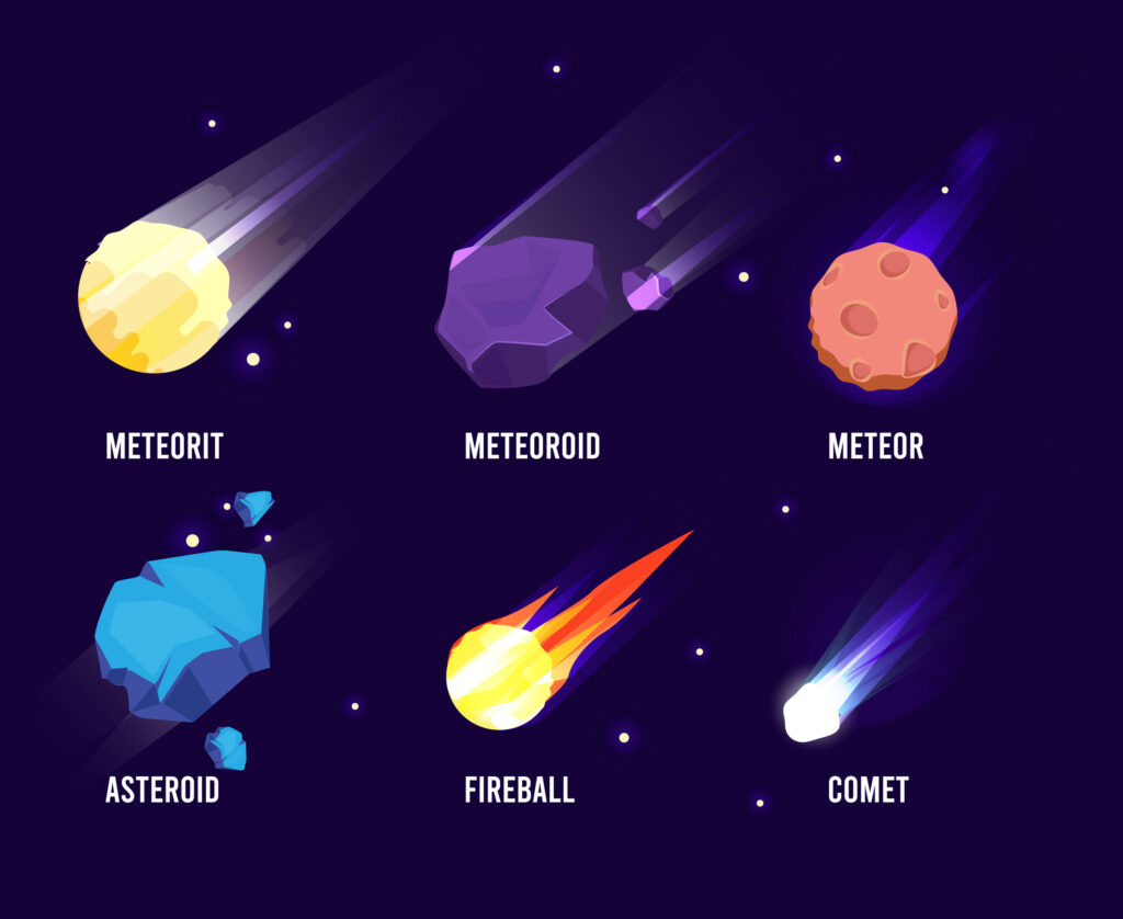 Space objects. Glowing universe astronomy set meteor asteroid vector comets collection in cartoon style. Asteroid space galaxy, comet cosmic and colored meteor illustration