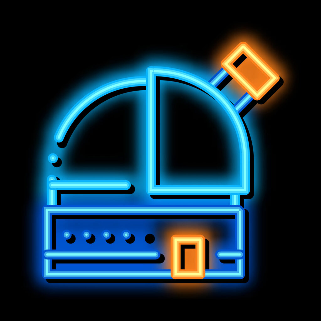 Observatory Telescope neon light sign vector. Glowing bright icon Observatory Telescope sign.