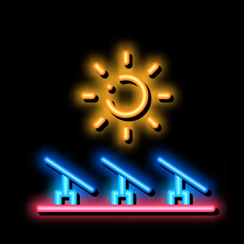 neon vector icon of solar panels charging in the sun 