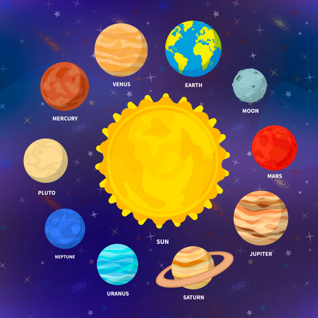 Set of bright cartoon planets of solar system on deep space background