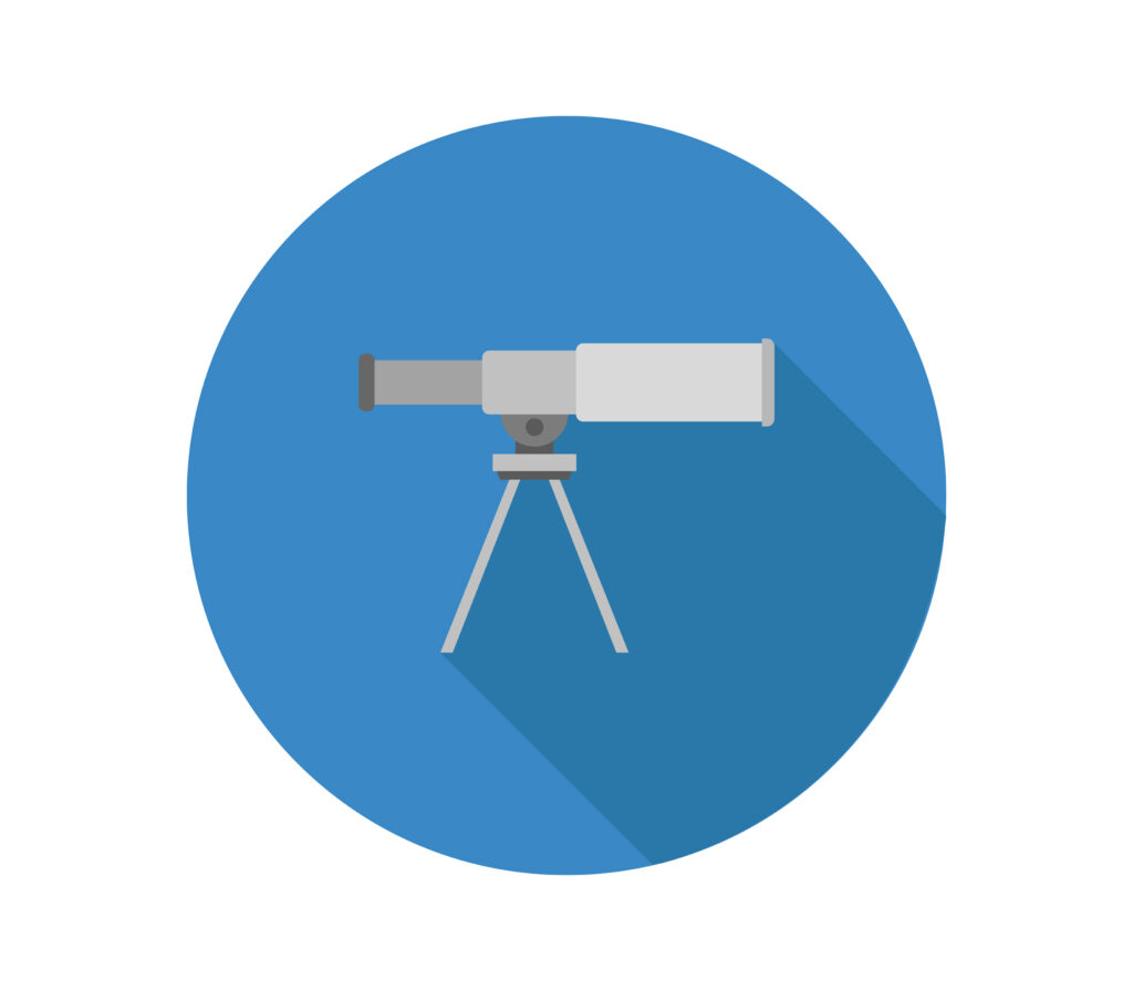 an icon of a telescope set against a blue circle