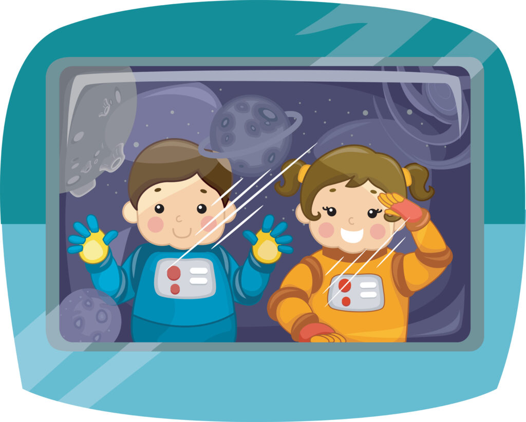 Illustration Featuring a Pair of Kids Wearing Space Suits Gazing into Space